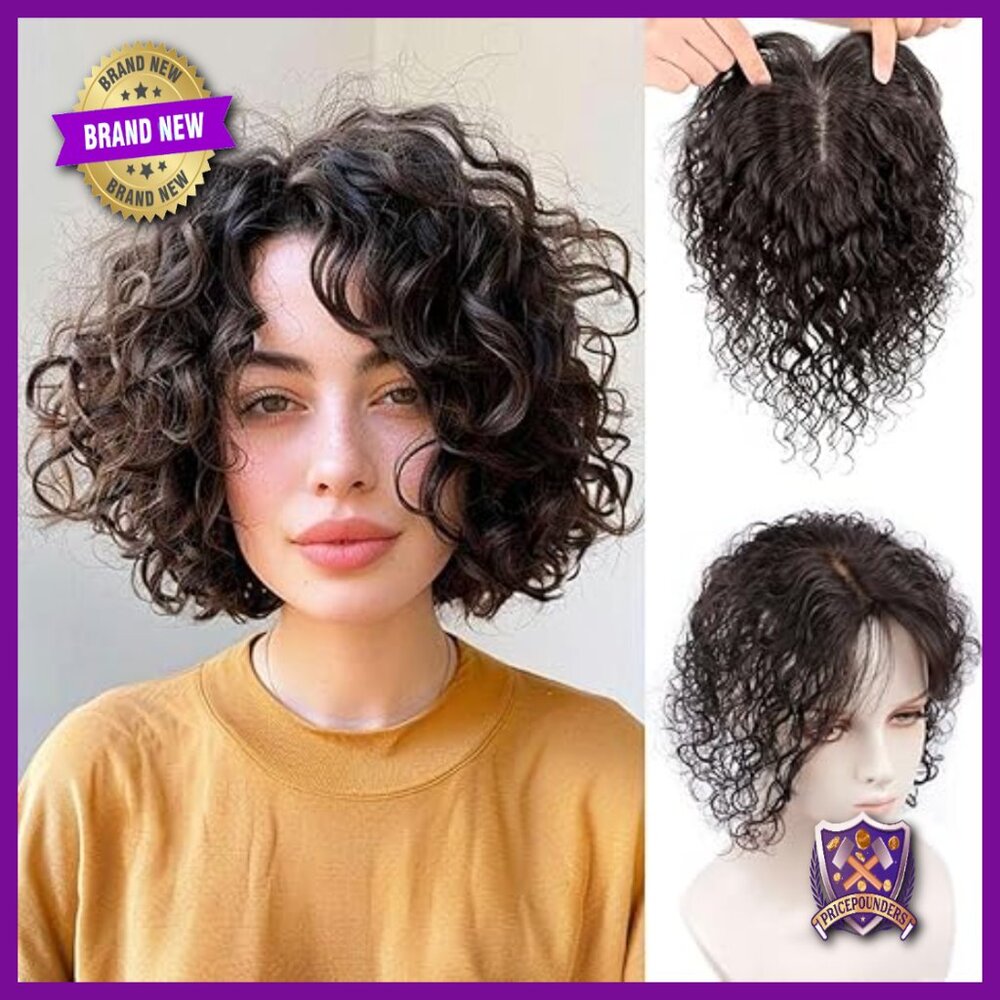 12" Curly Human Hair Topper for Thinning Hair, Silk Base Clip-In Wiglet